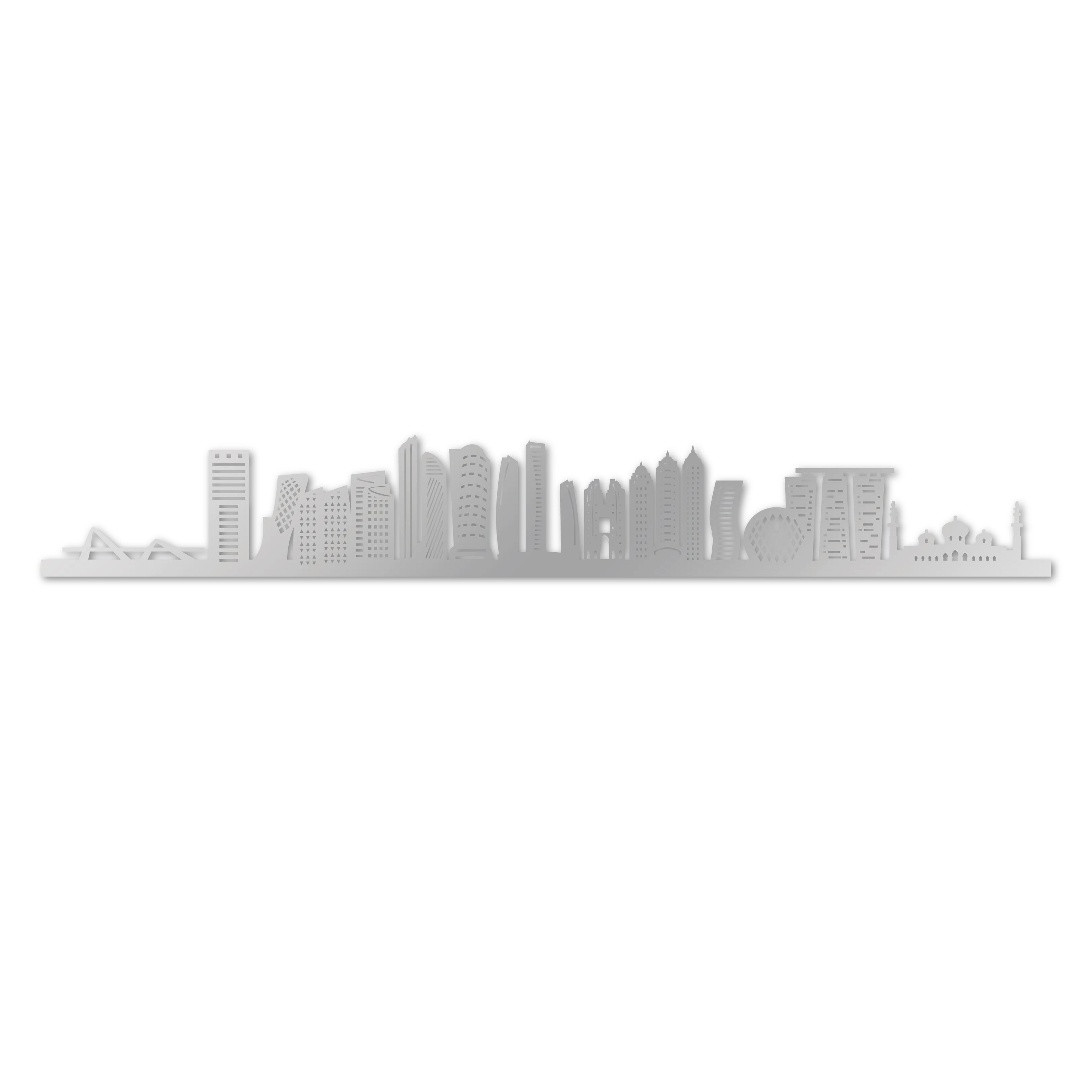 Abu Dhabi Skyline, Laser-cut in Silver Acrylic, on a White Background