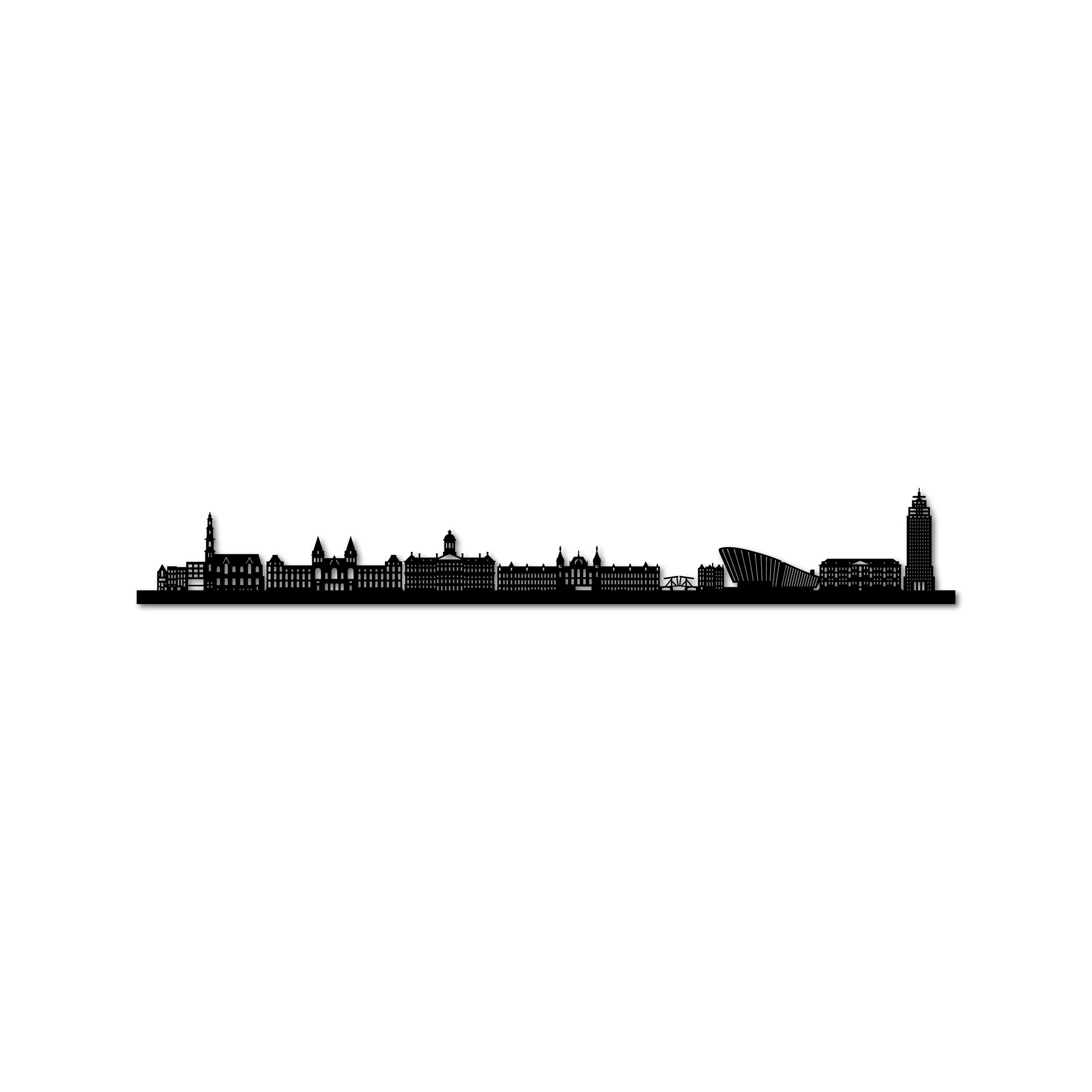 Amsterdam Skyline, Laser-cut in Matte Black Acrylic, with the City's Name Lettering Bellow, on a White Background