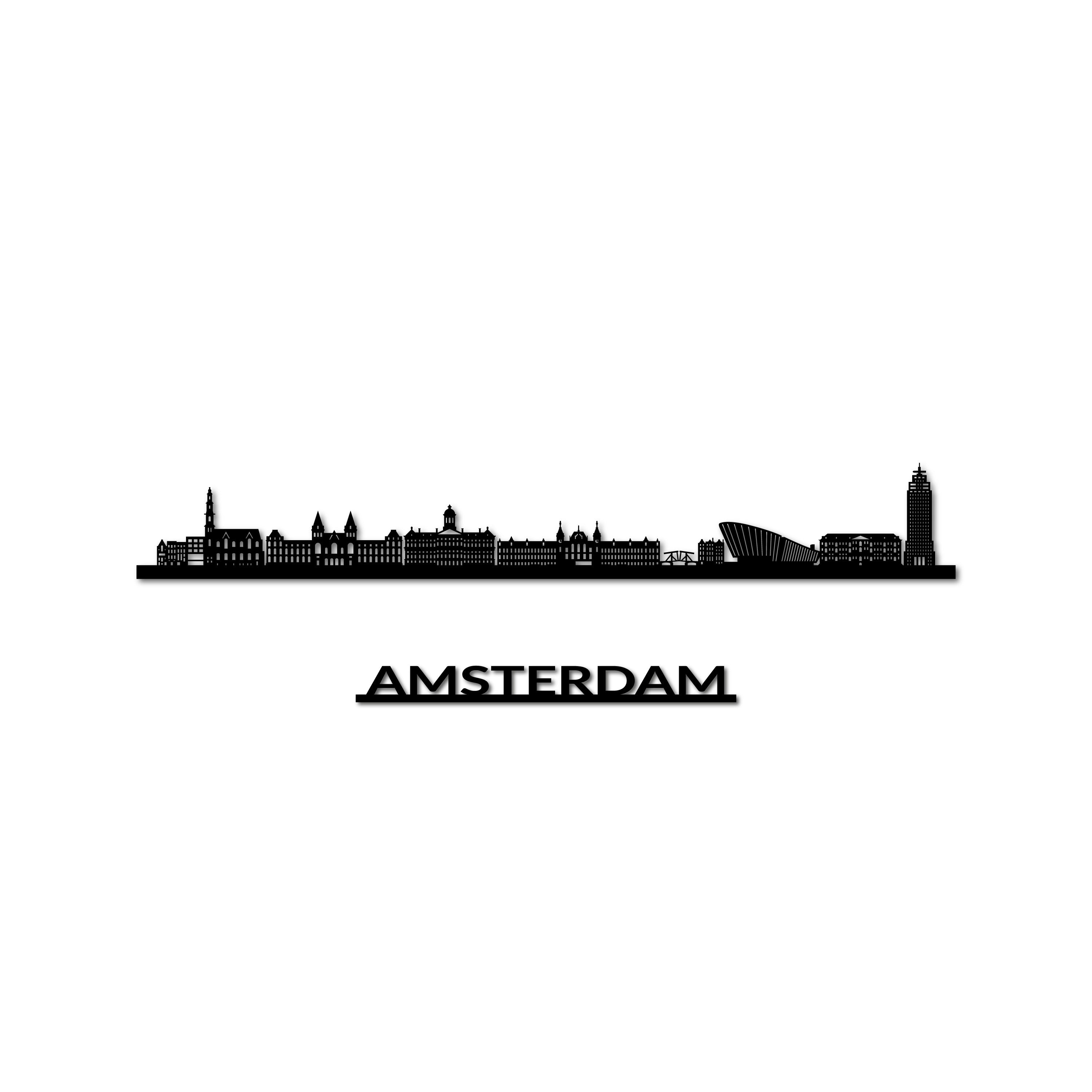Amsterdam Skyline, Laser-cut in Matte Black Acrylic, on a White Background