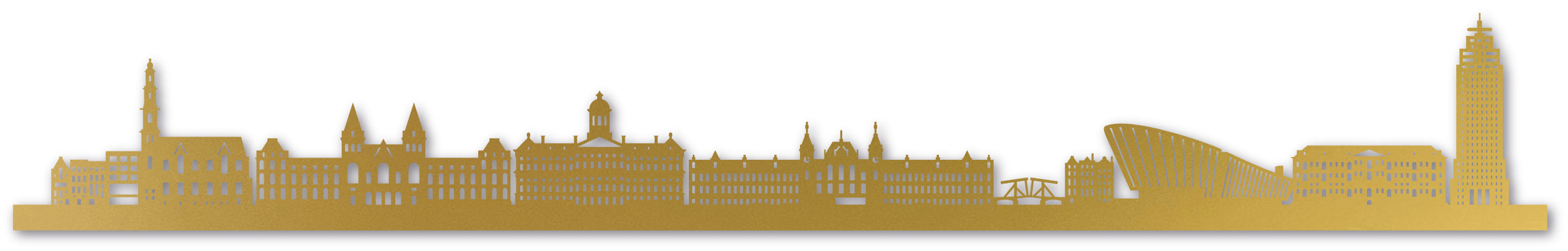 Amsterdam Skyline, Laser-cut in Gold Acrylic, on a White Background