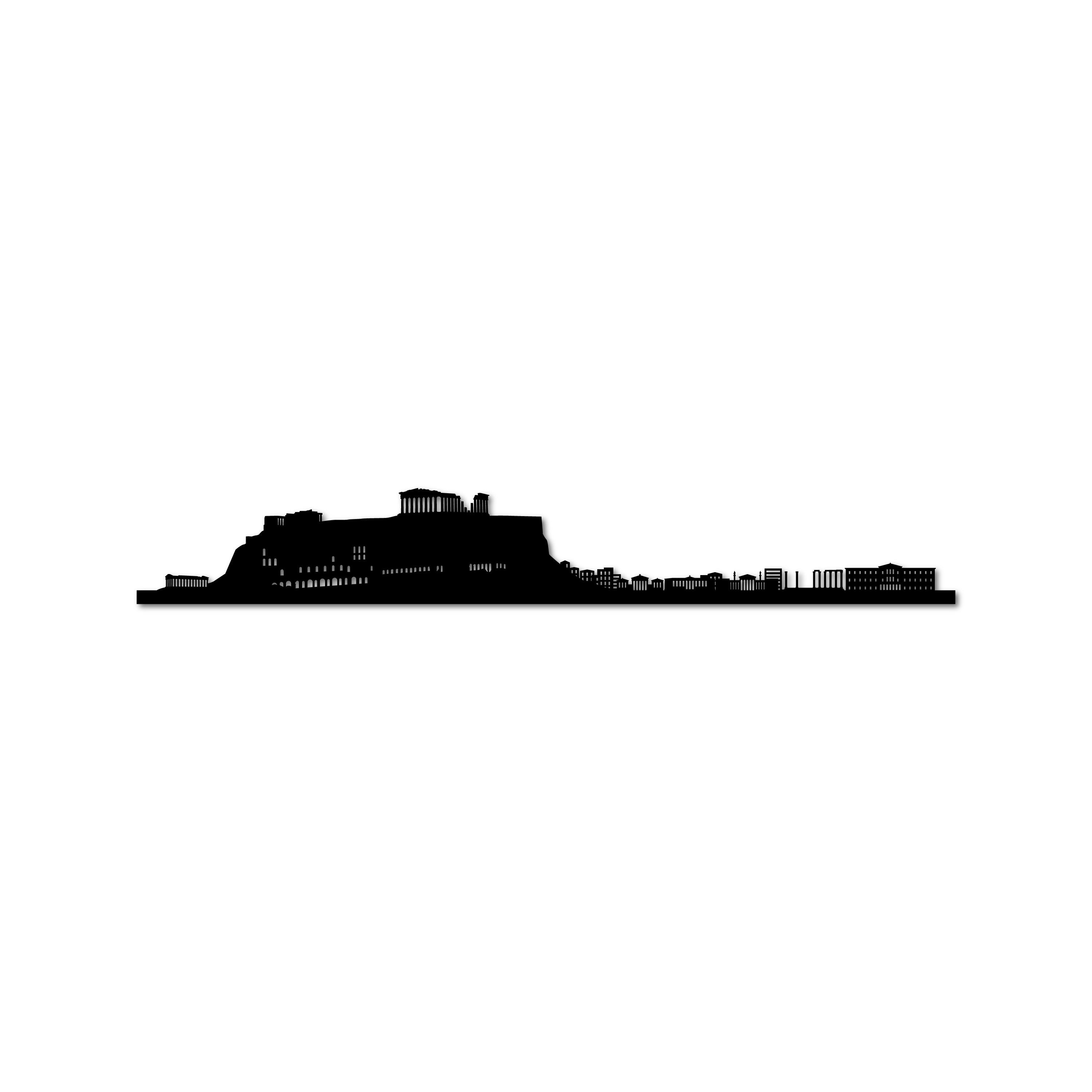 Athens Skyline, Laser-cut in Matte Black Acrylic, with the City's Name Lettering Bellow, on a White Background