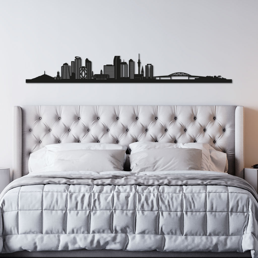 Auckland Skyline laser-cut in Matte Black reclycled acrylic on Seating Room's Wall