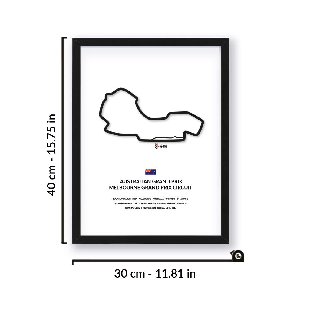 Australian Grand Prix wall art by Siluet light theme print with black frame on a white wall background with measurement details