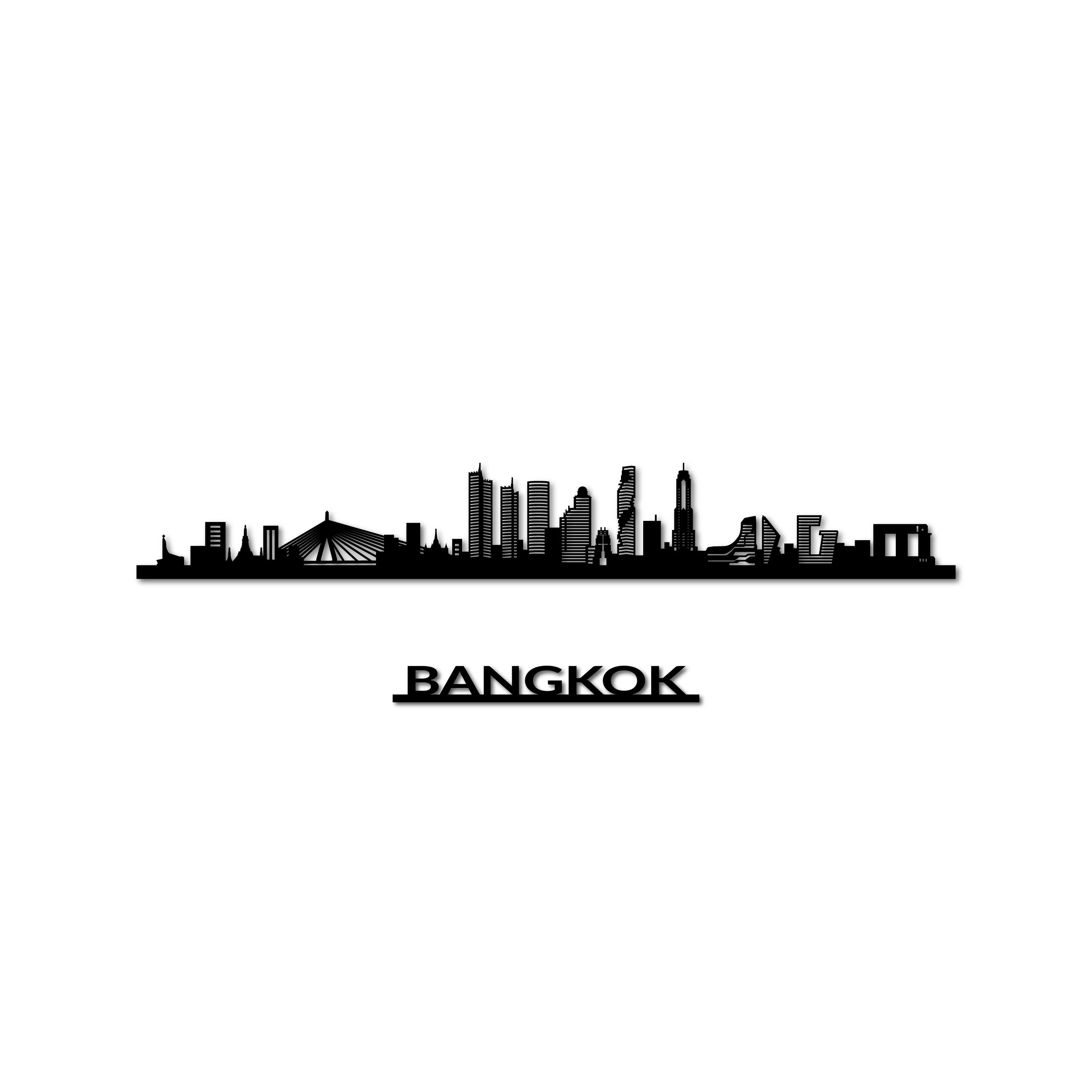 Bangkok Skyline, Laser-cut in Matte Black Acrylic, with the City's Name Lettering Bellow, on a White Background