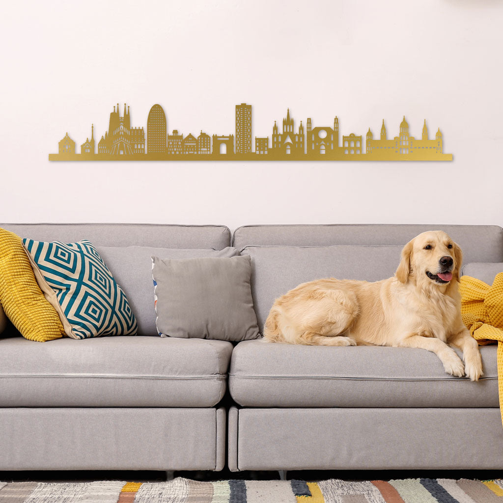 Barcelona Skyline Gold in-living room above grey sofa with Golden Retriever