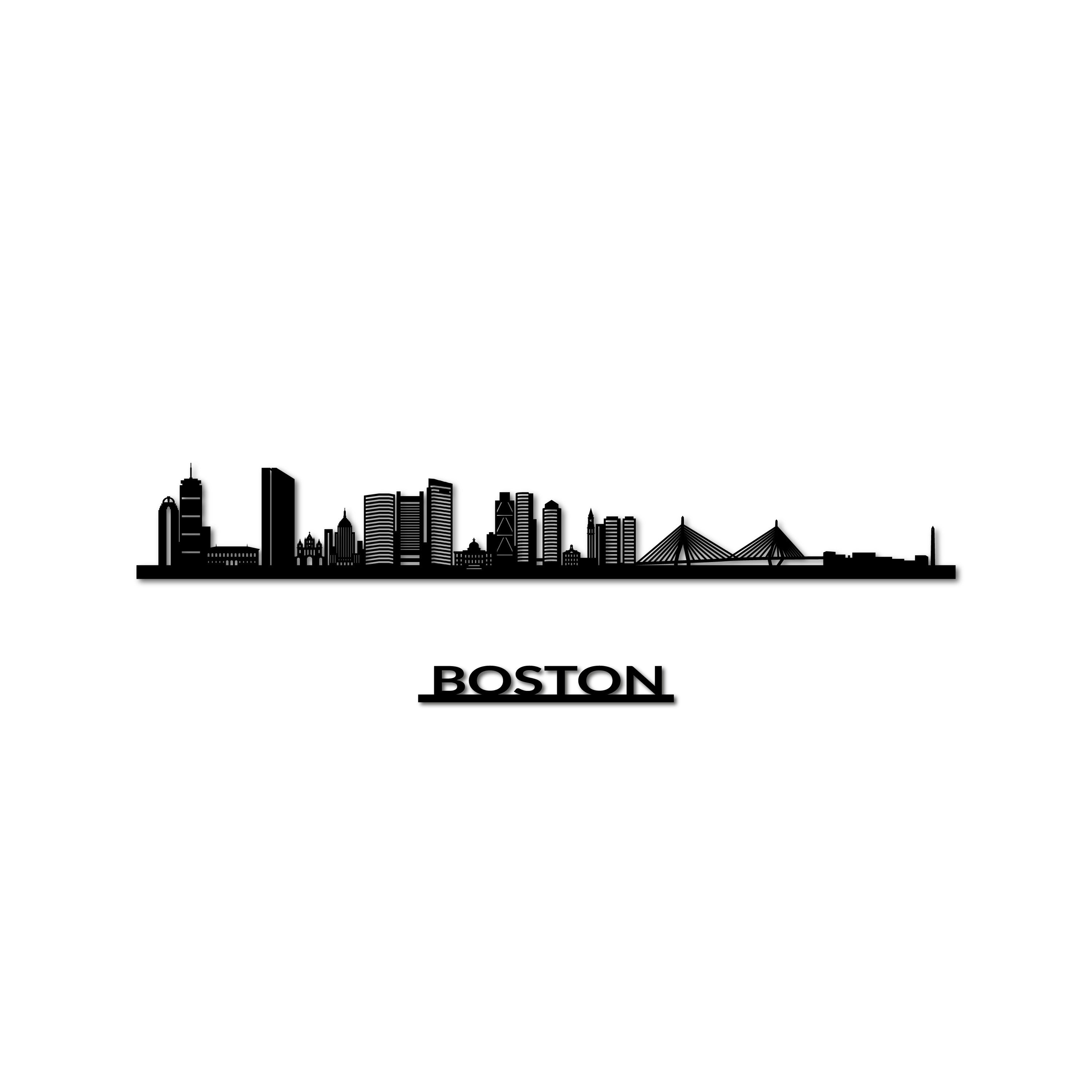 Boston Skyline, Laser-cut in Matte Black Acrylic, with the City's Name Lettering Bellow, on a White Background
