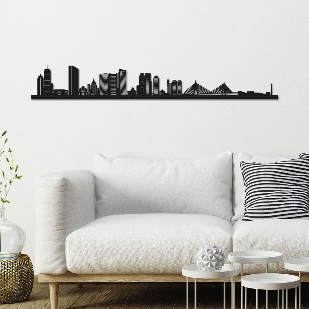 Boston Skyline laser-cut in Matte Black reclycled acrylic on Seating Room's Wall
