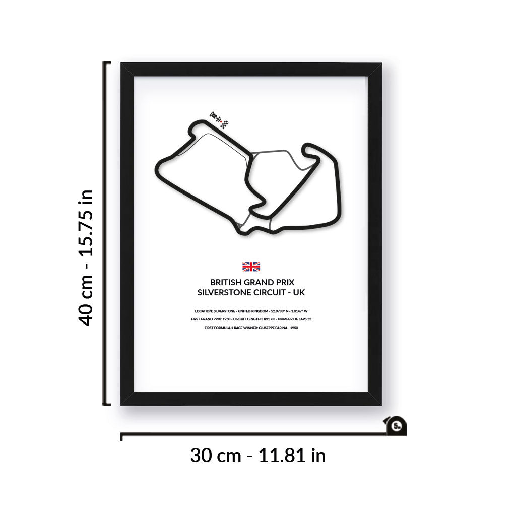 British Grand Prix wall art by Siluet light theme print with black frame on a white wall background with measurement details