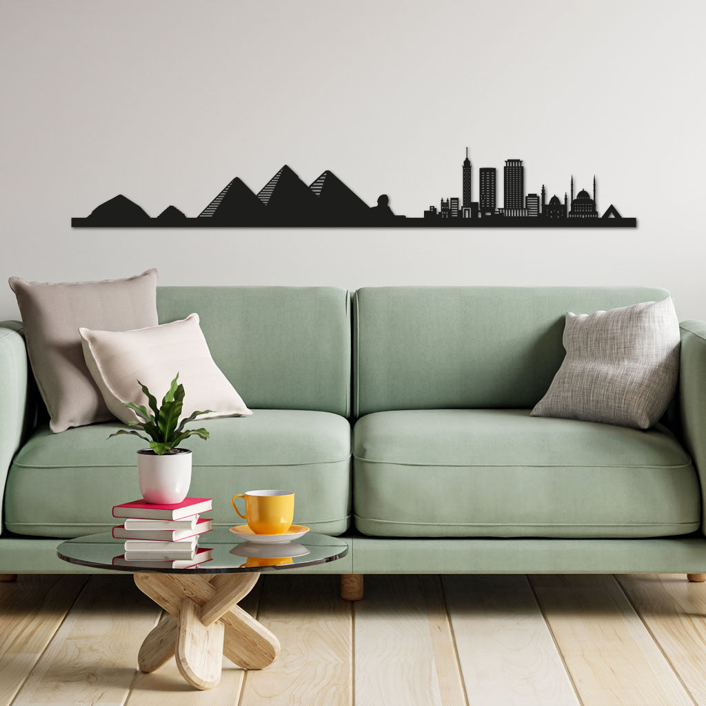 Cairo and Giza Skyline laser-cut in Matte Black reclycled acrylic on Seating Room's Wall