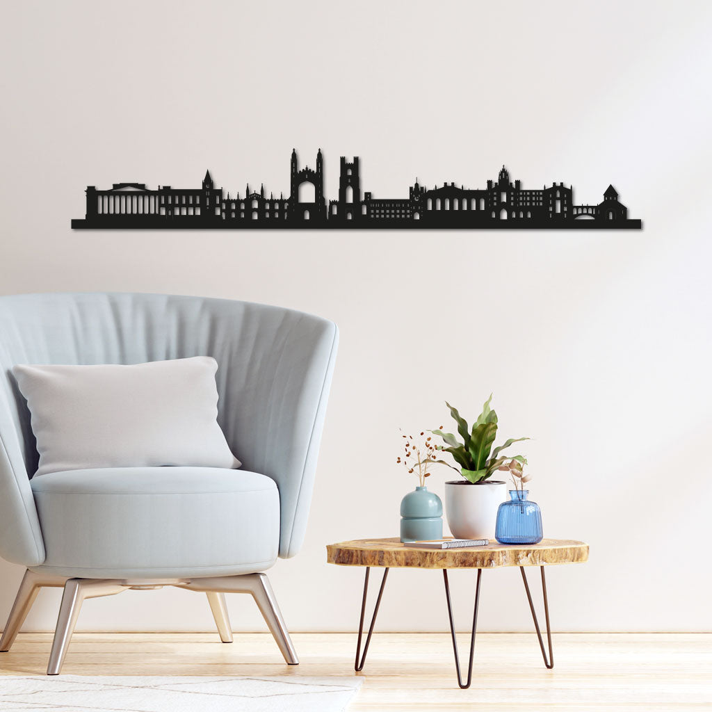 Cambridge Skyline laser-cut in Matte Black reclycled acrylic on Seating Room's Wall
