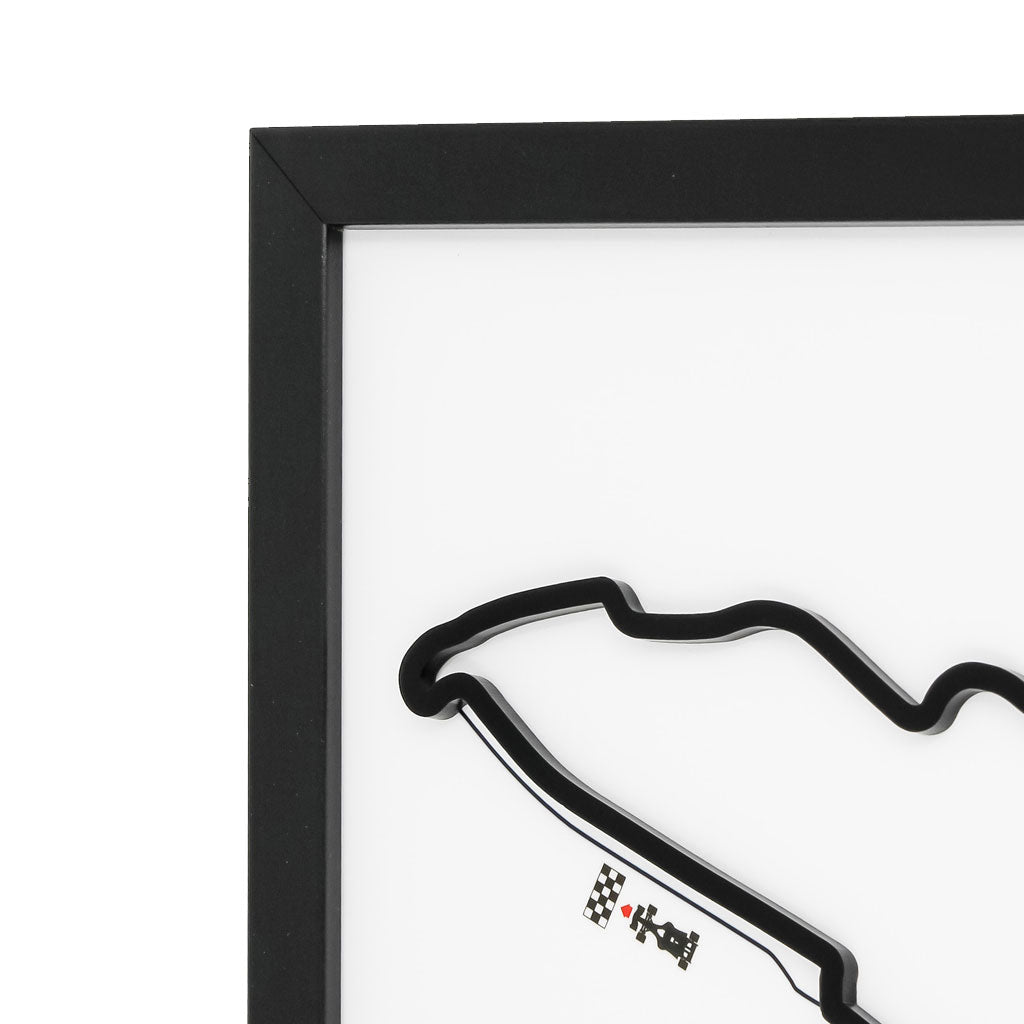 Gilles Villeneuve Grand Prix wall art by Siluet light theme print with black frame close-up on a white wall background