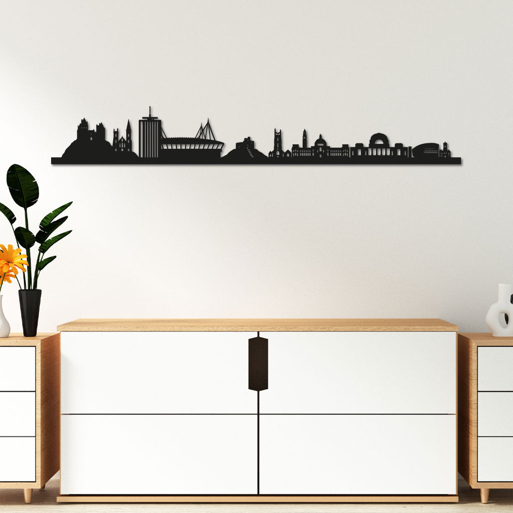 Cardiff Skyline laser-cut in Matte Black reclycled acrylic on Seating Room's Wall