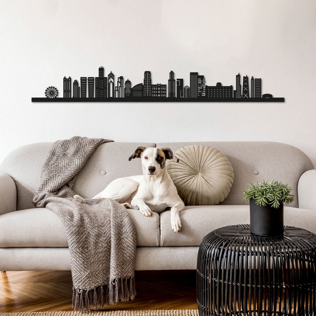 Chicago Skyline laser-cut in Matte Black reclycled acrylic on Seating Room's Wall