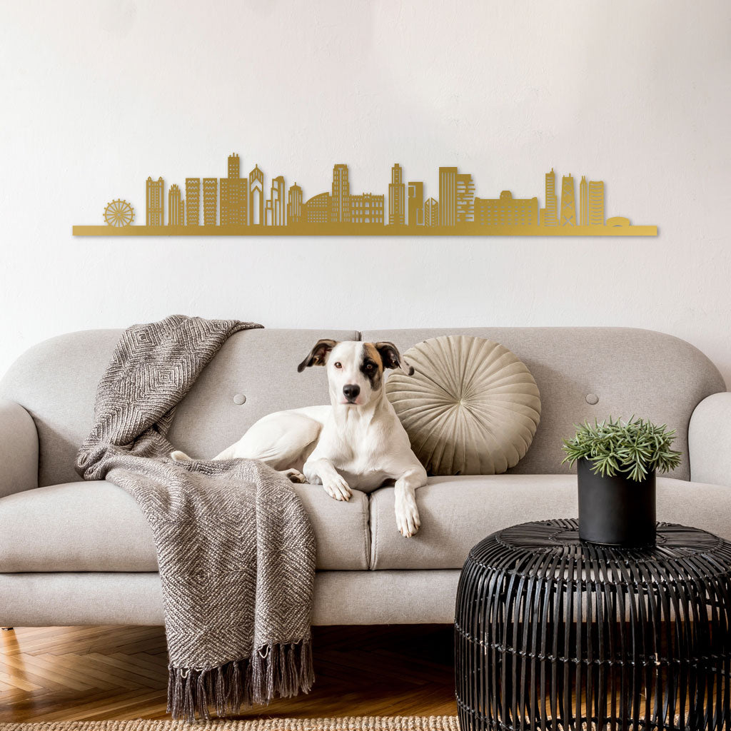 Chicago Skyline Laser Cut In Recycled Gold Acrylic above a sofa