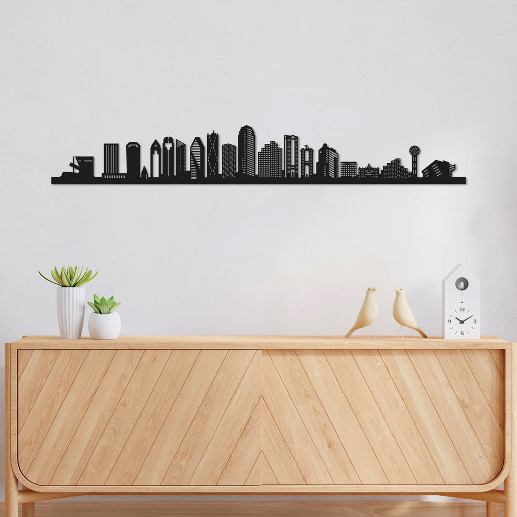 Dallas Skyline laser-cut in Matte Black reclycled acrylic on Seating Room's Wall