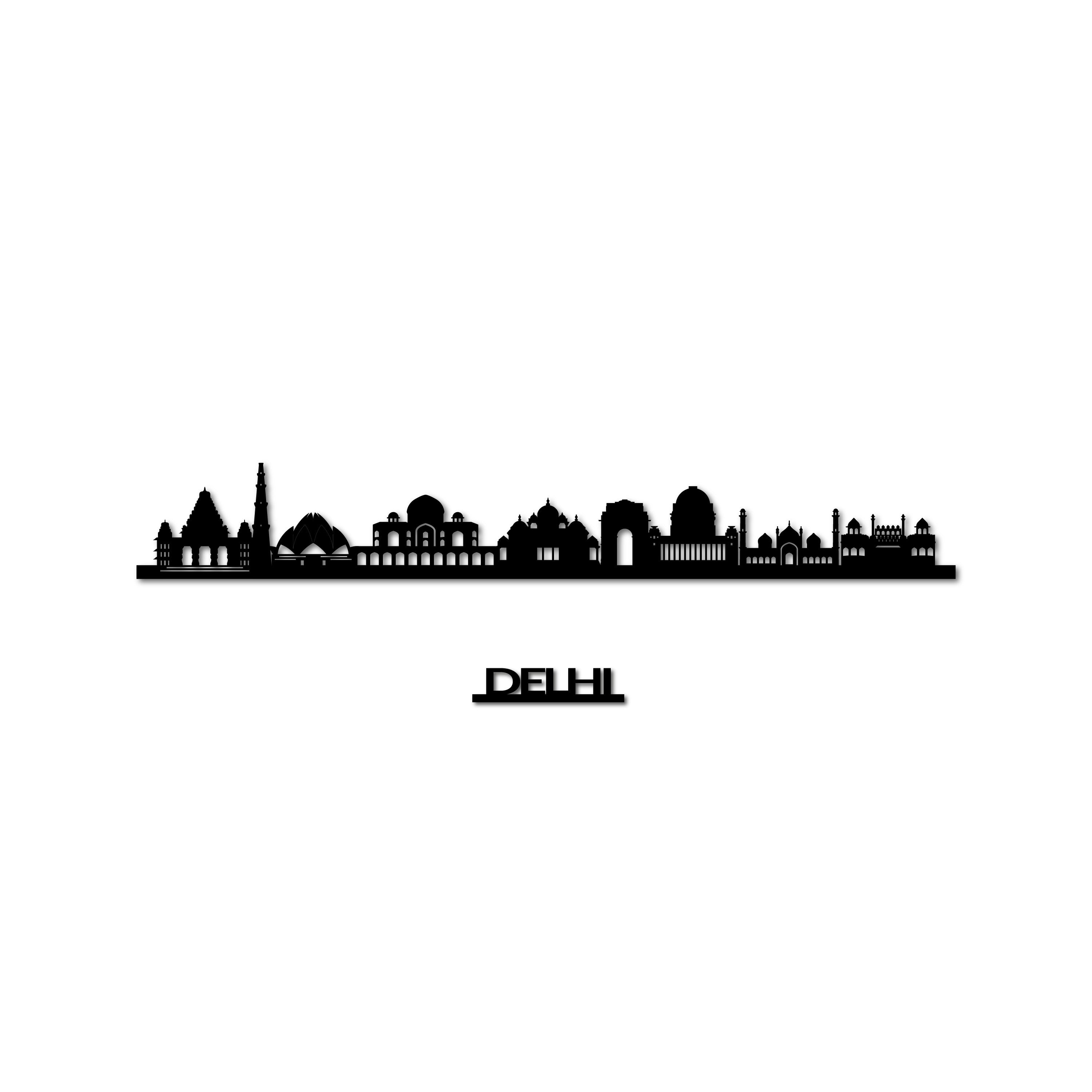 Delhi Skyline, Laser-cut in Matte Black Acrylic, with the City's Name Lettering Bellow, on a White Background