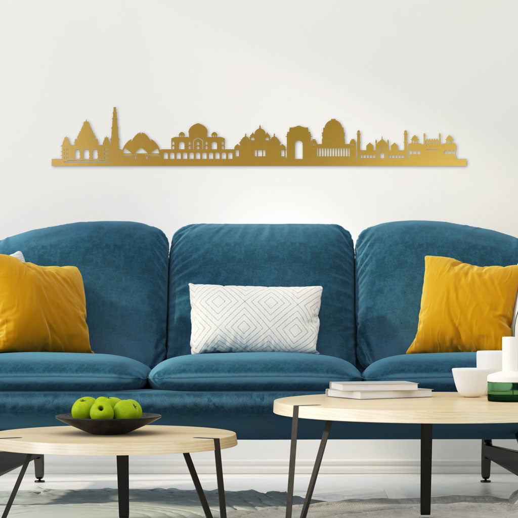 Delhi Skyline Gold By Siluet In Linving Room With Blue Sofa And Mustard Pillows
