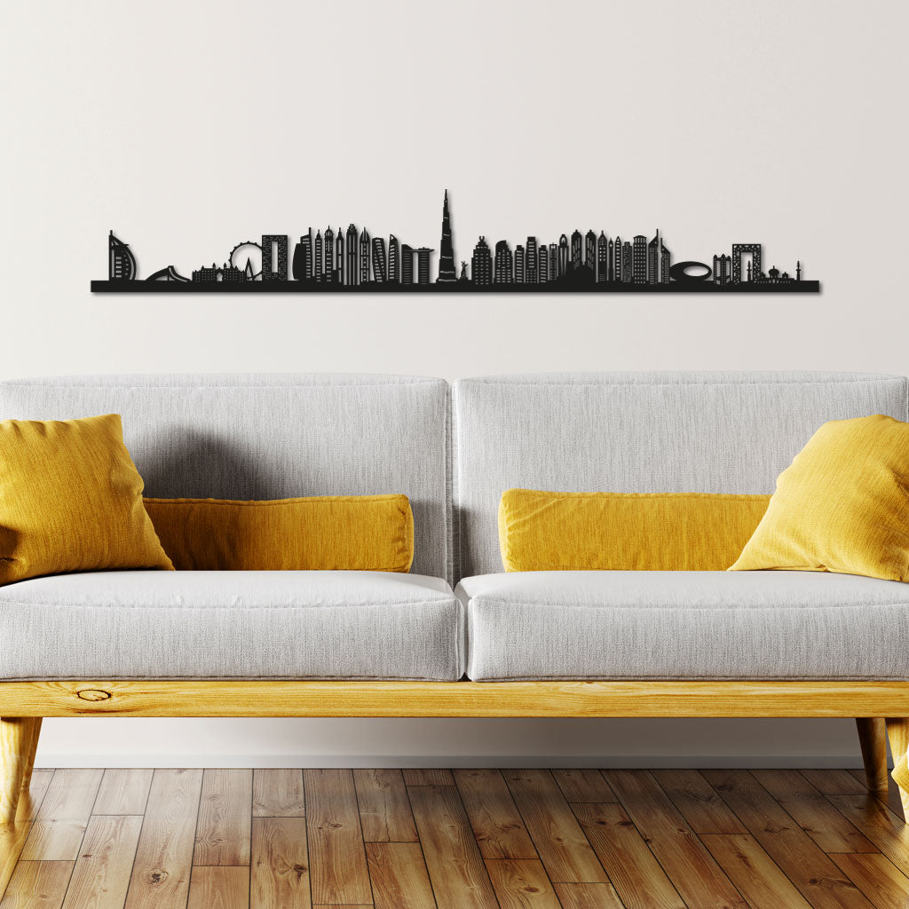 Dubai Skyline laser-cut in Matte Black reclycled acrylic on Seating Room's Wall
