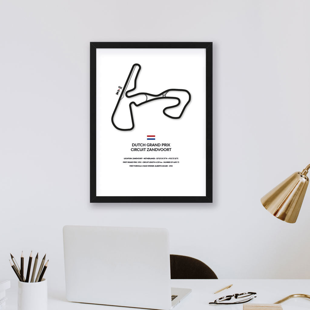 Dutch Grand Prix wall art by Siluet on a white wall above a white office desk with a laptop on top