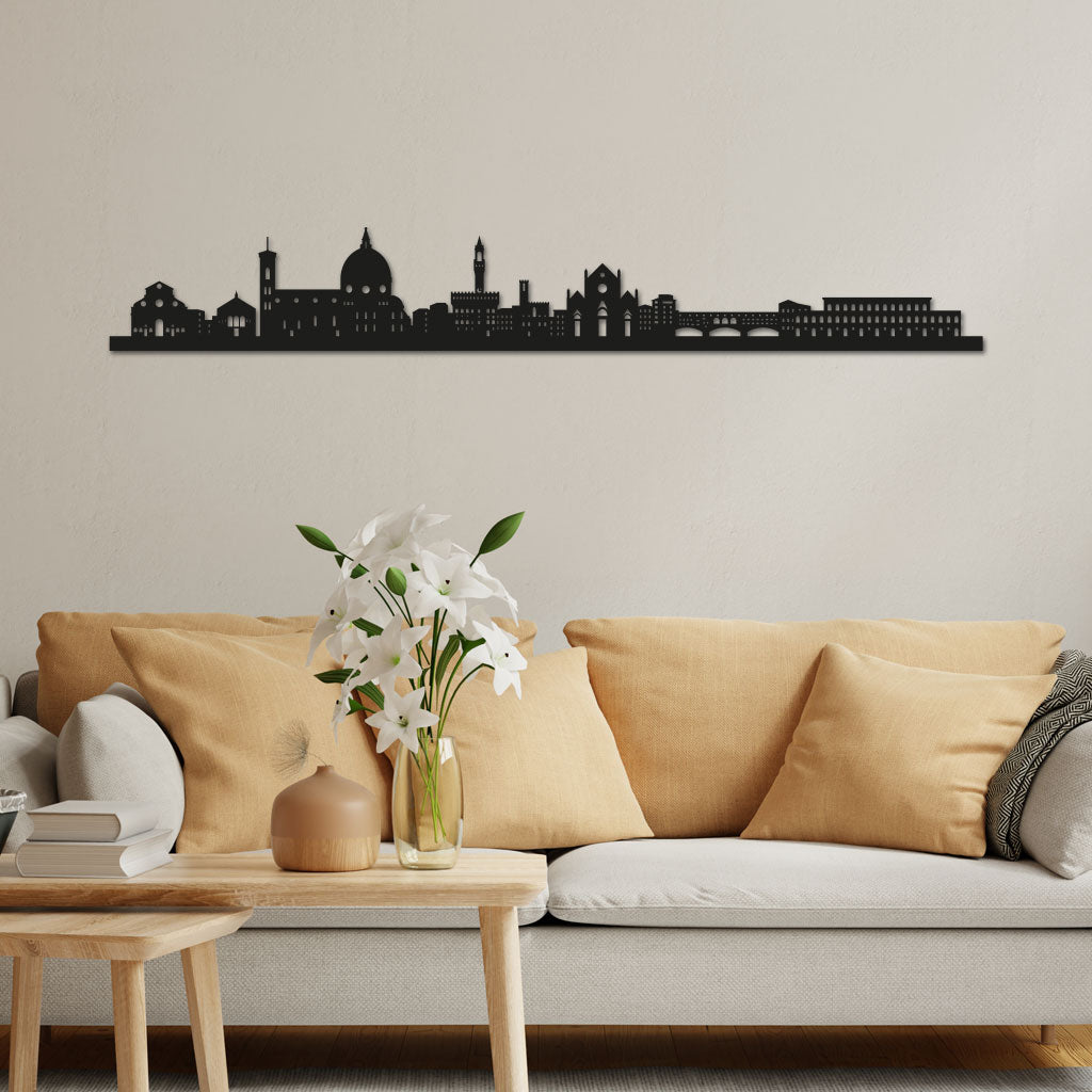 Florence Skyline laser-cut in Matte Black reclycled acrylic on Seating Room's Wall