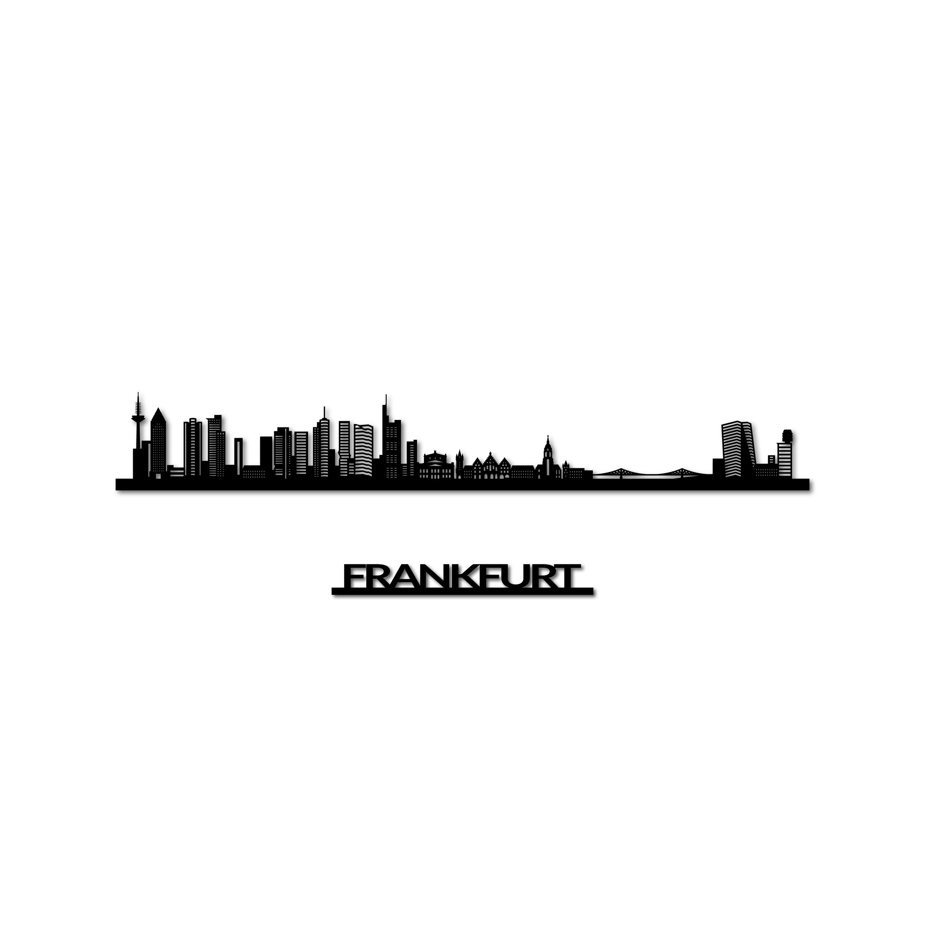 Frankfurt Skyline, Laser-cut in Matte Black Acrylic, with the City's Name Lettering Bellow, on a White Background