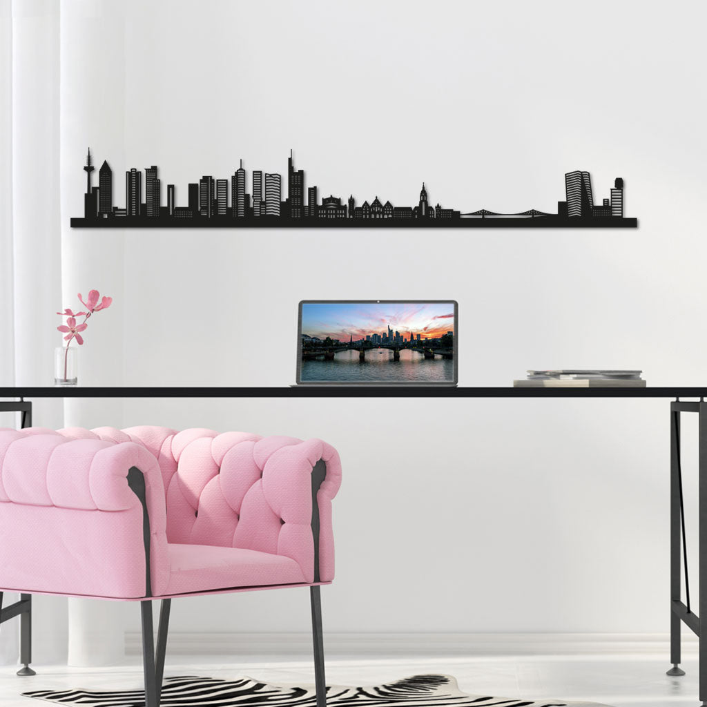 Frankfurt Skyline laser-cut in Matte Black reclycled acrylic on Seating Room's Wall