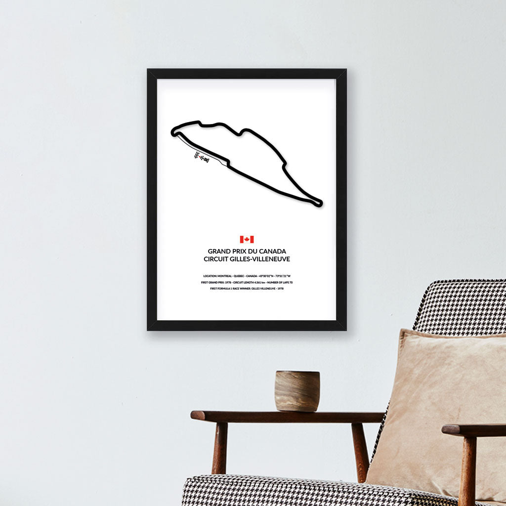 Gilles Villeneuve Grand Prix wall art by Siluet on a white wall above a dark wood armchair