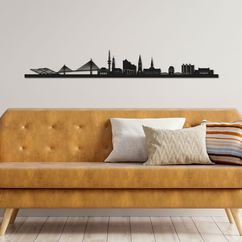 Hamburg Skyline laser-cut in Matte Black reclycled acrylic on Seating Room's Wall