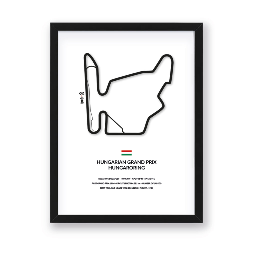 Hungarian Grand Prix wall art by Siluet light theme print with black frame on white background