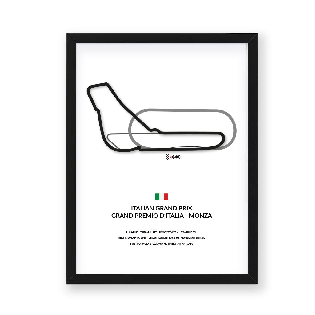 Monza Grand Prix wall art by Siluet light theme print with black frame on white background