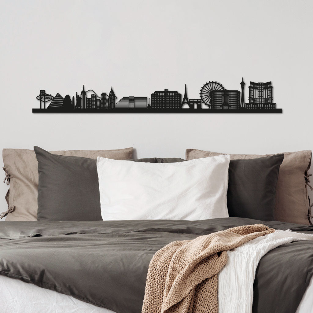Las Vegas Skyline laser-cut in Matte Black reclycled acrylic on Seating Room's Wall
