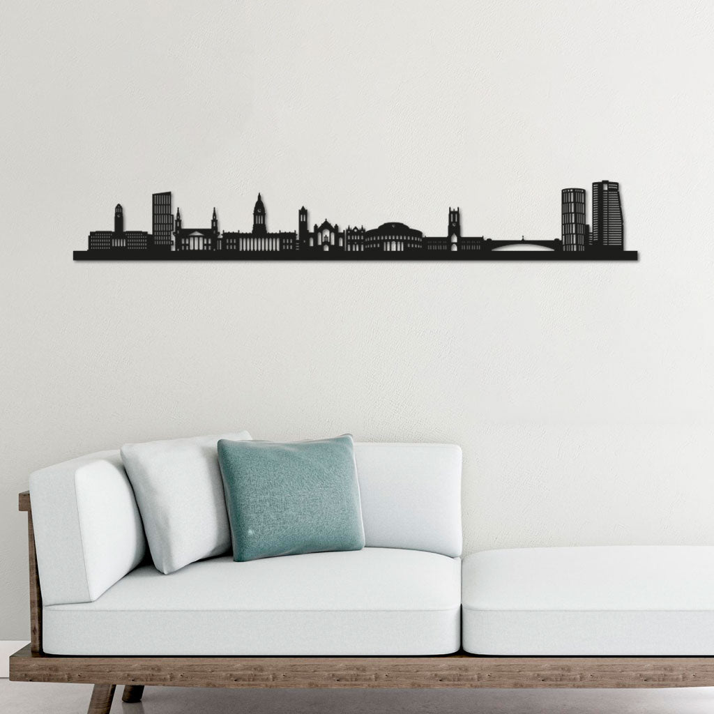Leeds Skyline laser-cut in Matte Black reclycled acrylic on Seating Room's Wall