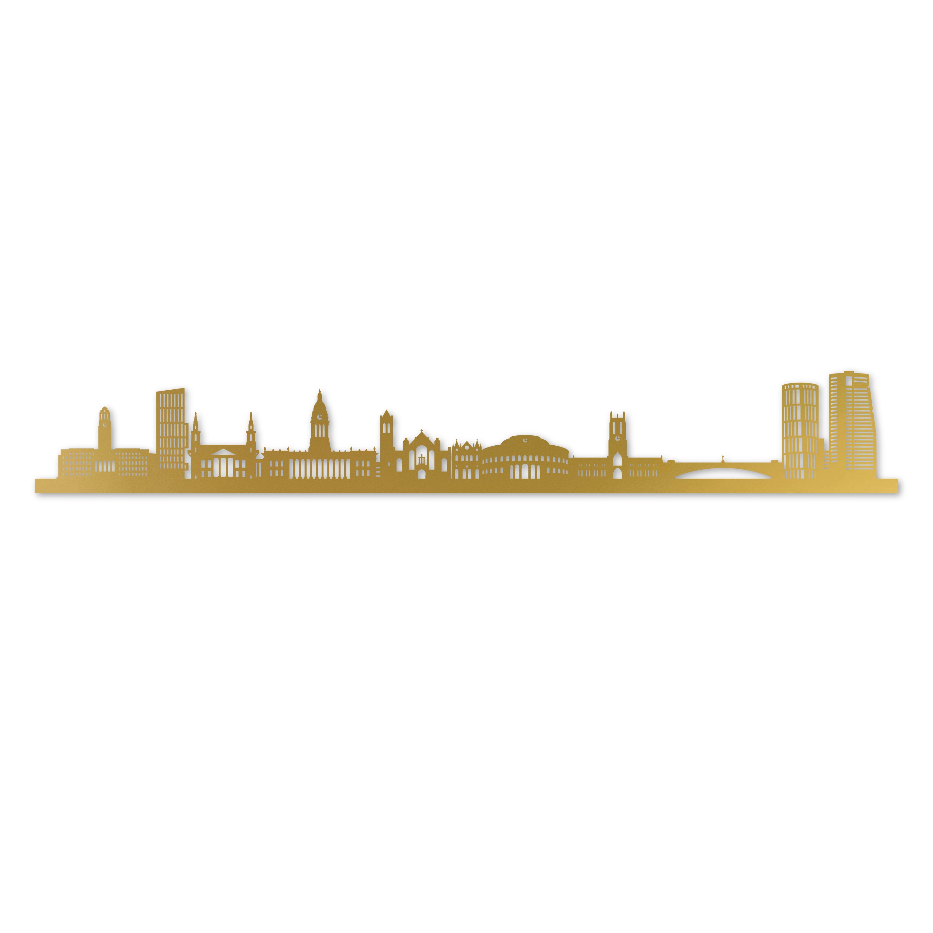 Leeds Skyline, Laser-cut in Gold Acrylic, on a White Background