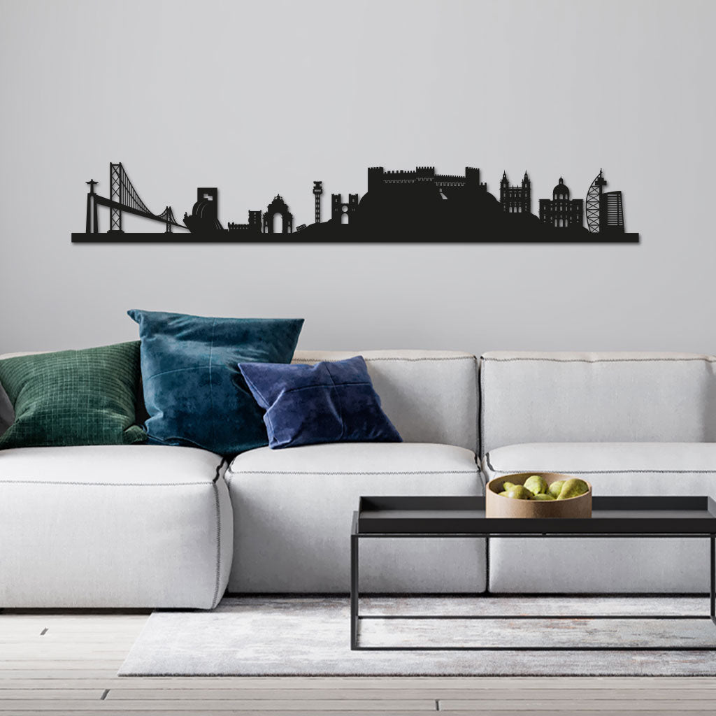 Lisbon Skyline laser-cut in Matte Black reclycled acrylic on Seating Room's Wall