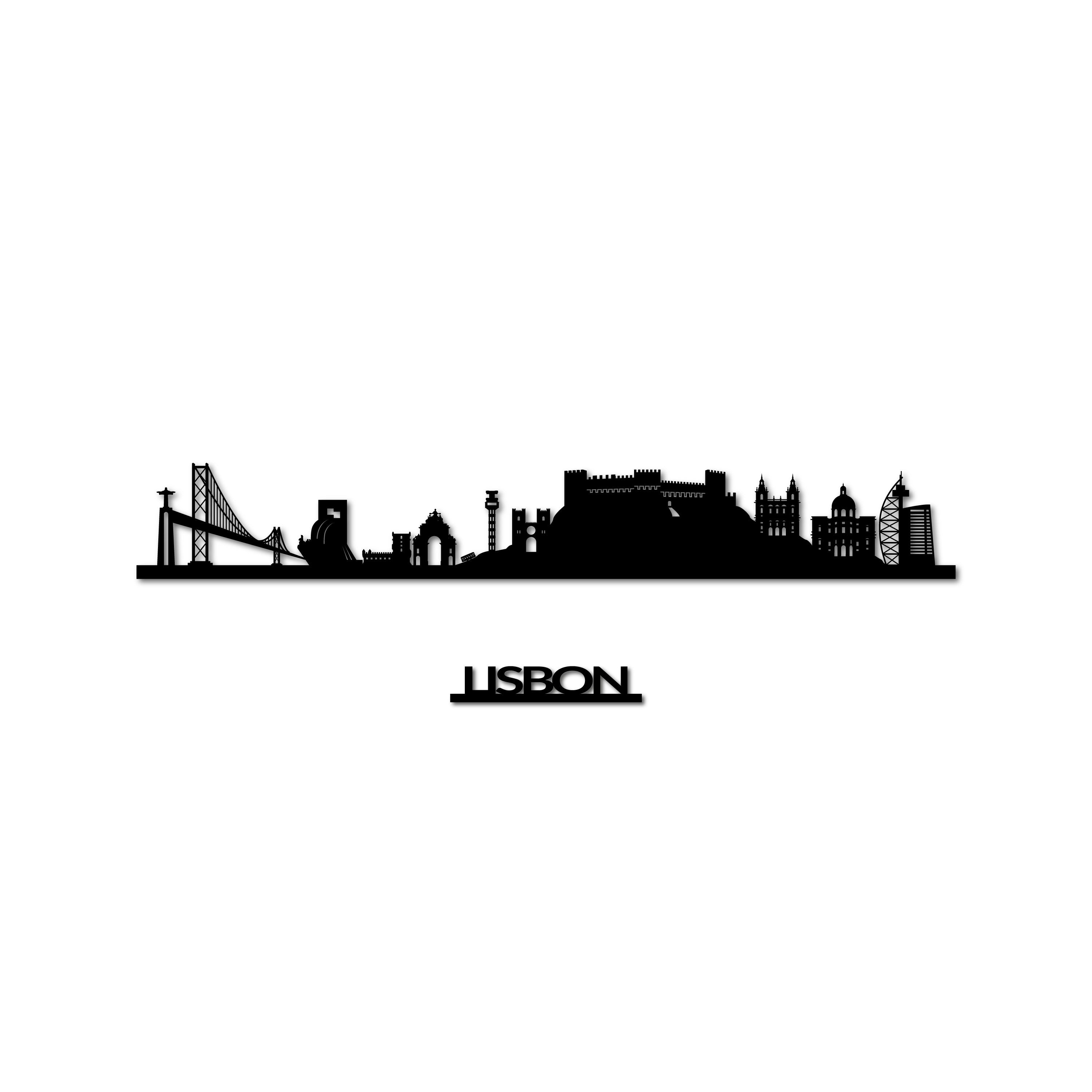 Lisbon Skyline, Laser-cut in Matte Black Acrylic, with the City's Name Lettering Bellow, on a White Background