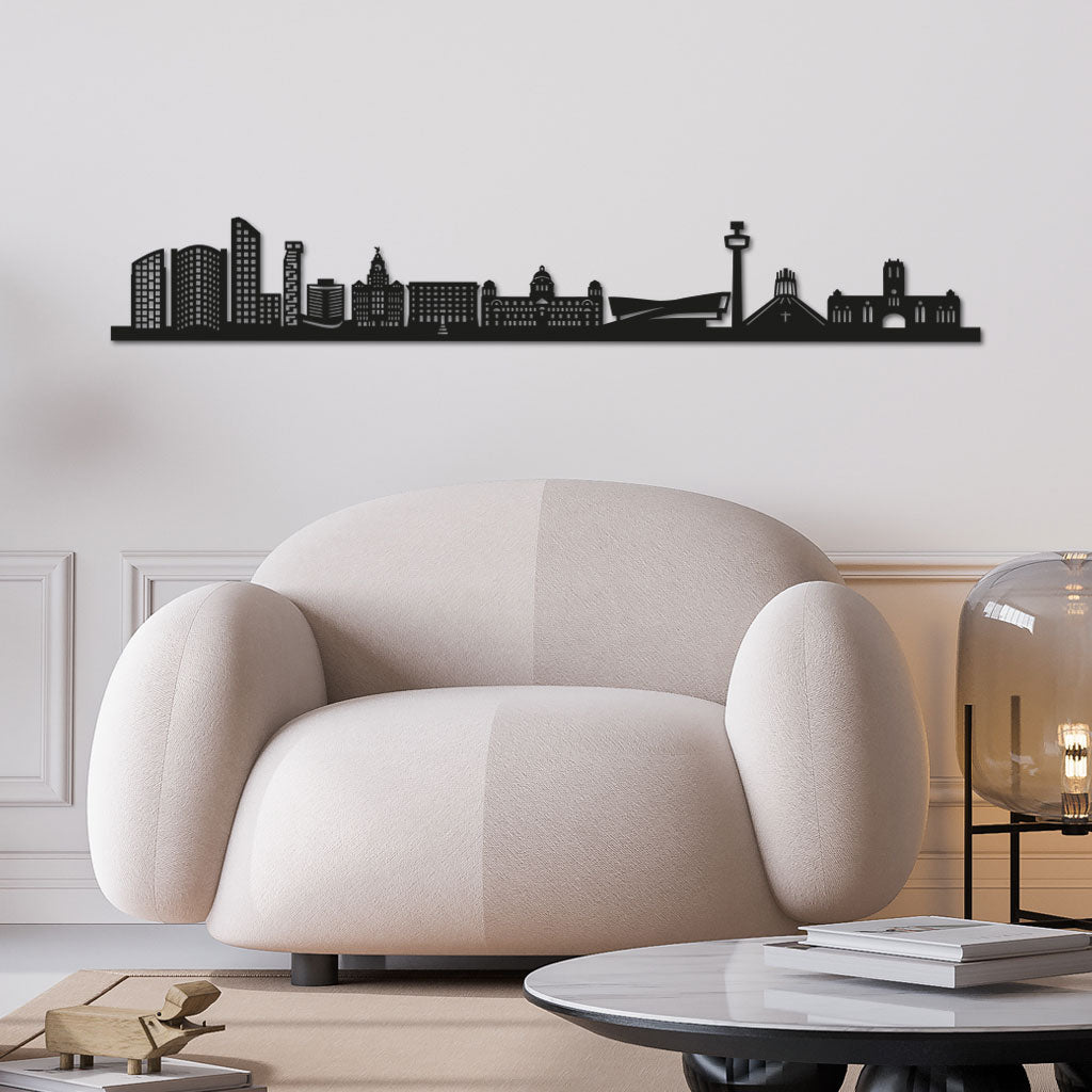 Liverpool Skyline laser-cut in Matte Black reclycled acrylic on Seating Room's Wall