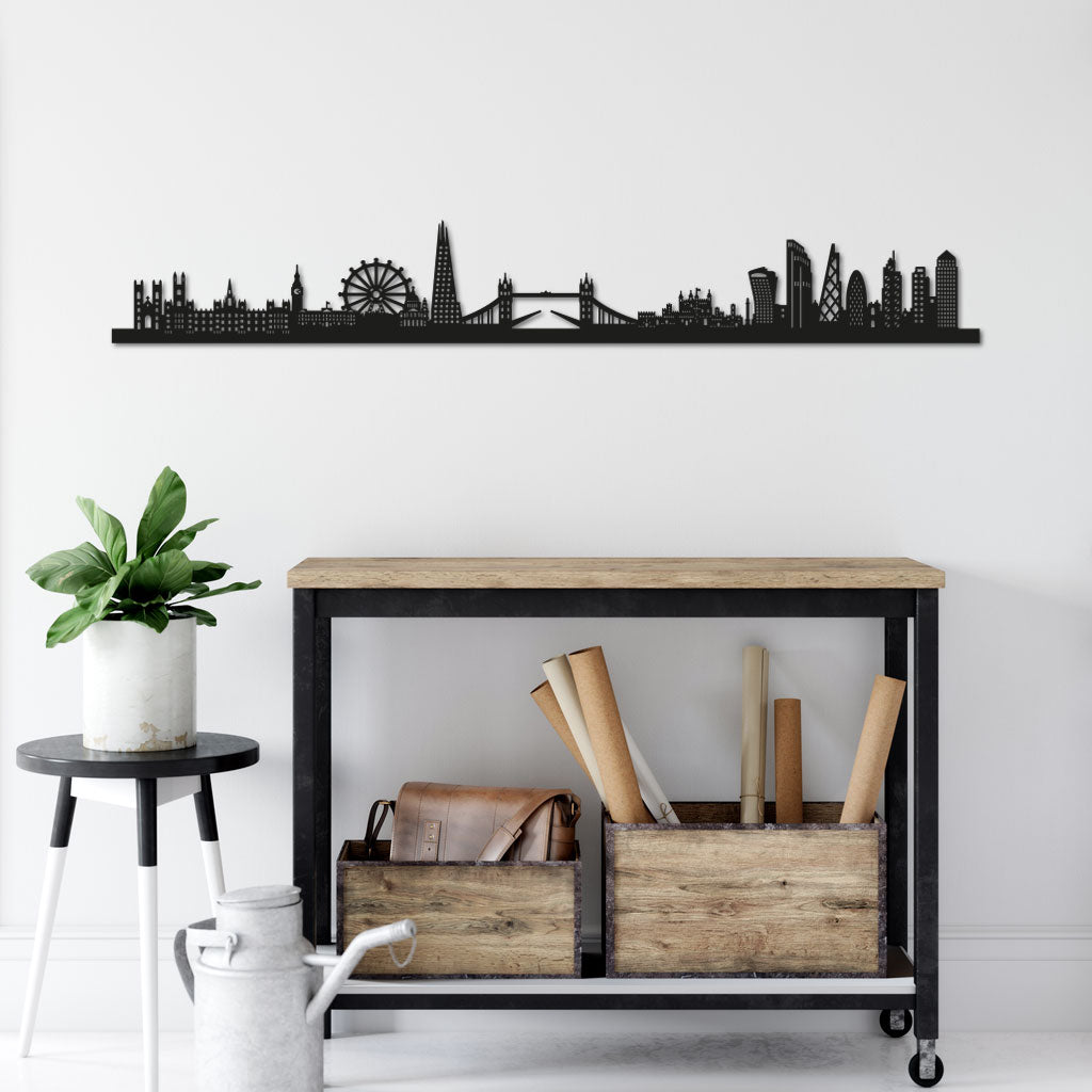 London Skyline laser-cut in Matte Black reclycled acrylic on Seating Room's Wall