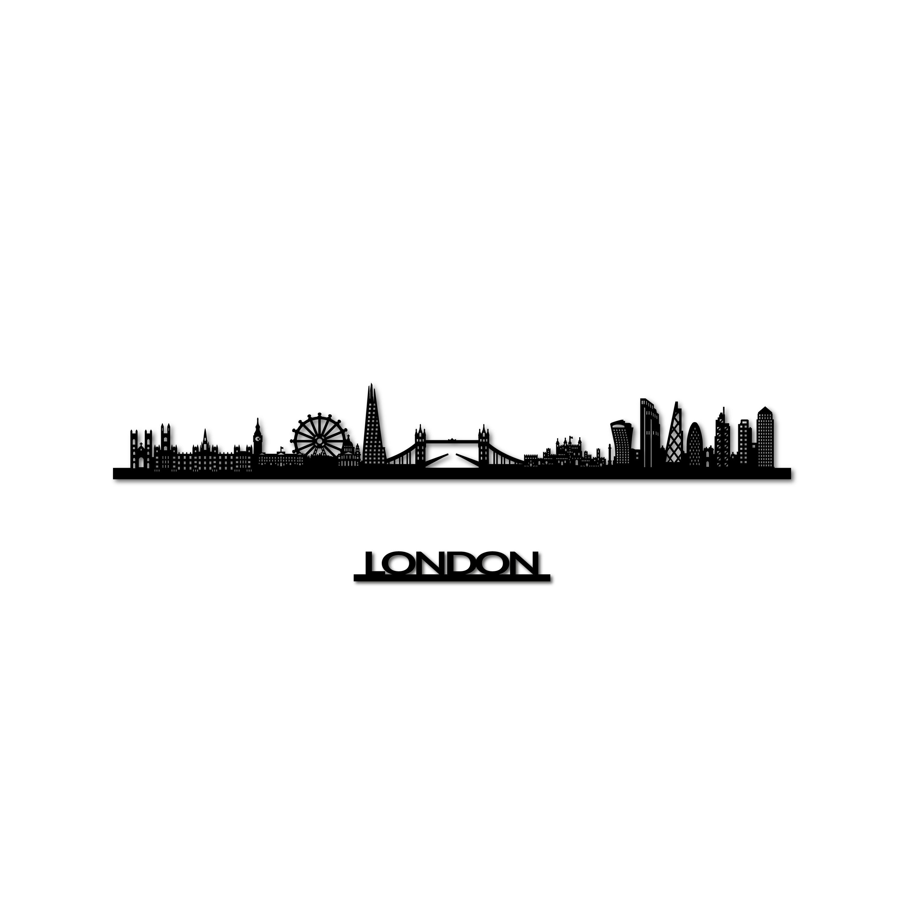 London Skyline, Laser-cut in Matte Black Acrylic, with the City's Name Lettering Bellow, on a White Background