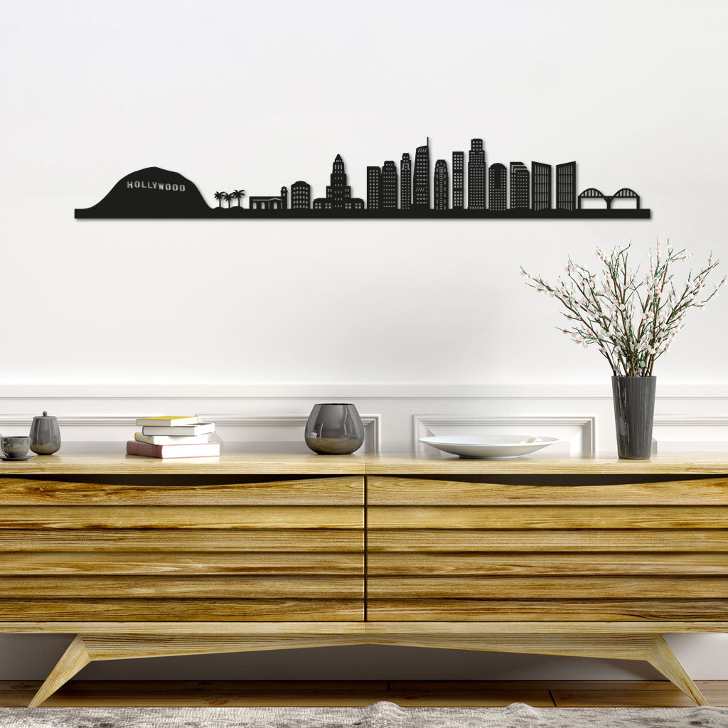 Los Angeles Skyline laser-cut in Matte Black reclycled acrylic on Seating Room's Wall