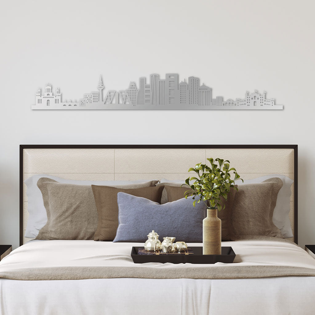Madrid Skyline laser-cut in Silver reclycled acrylic on Seating Room's Wall