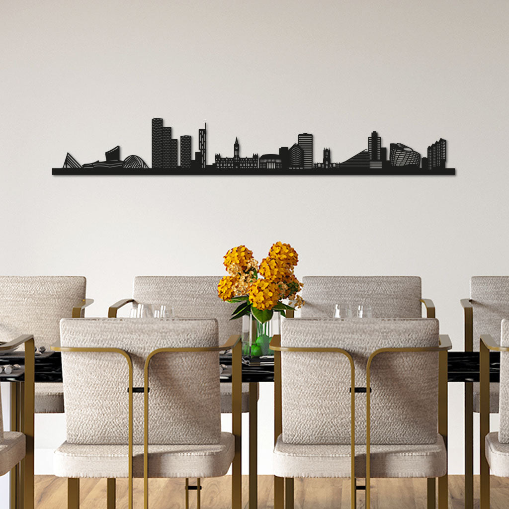 Manchester Skyline laser-cut in Matte Black reclycled acrylic on Seating Room's Wall