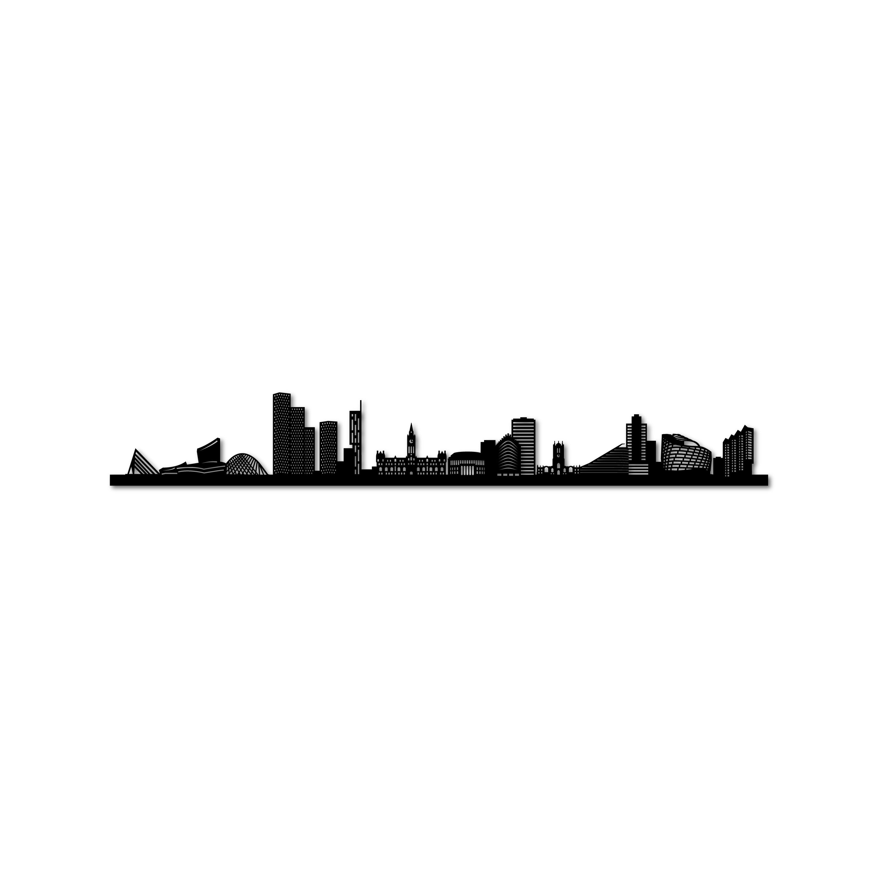Manchester Skyline, Laser-cut in Matte Black Acrylic, on a White Background