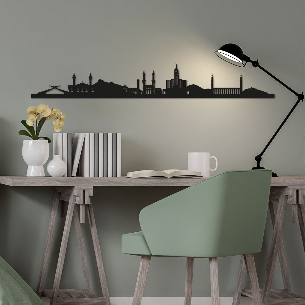 Mecca Skyline laser-cut in Matte Black reclycled acrylic on Seating Room's Wall