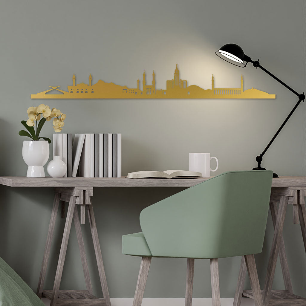 Mecca Skyline laser-cut in Gold reclycled acrylic on Seating Room's Wall