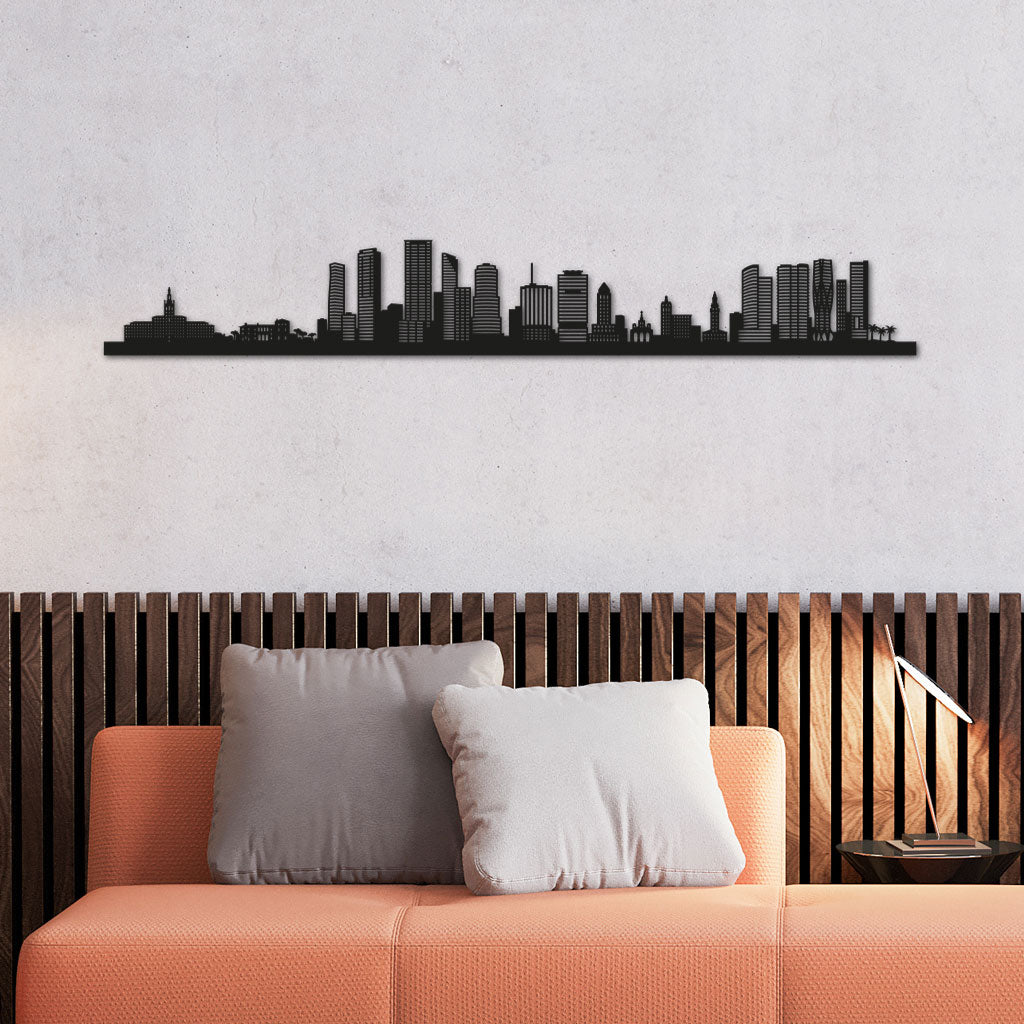 Miami Skyline laser-cut in Matte Black reclycled acrylic on Seating Room's Wall
