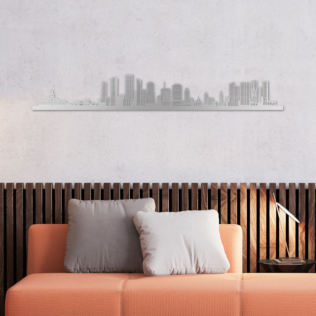 Miami Skyline laser-cut in Matte Black reclycled acrylic on Seating Room's Wall