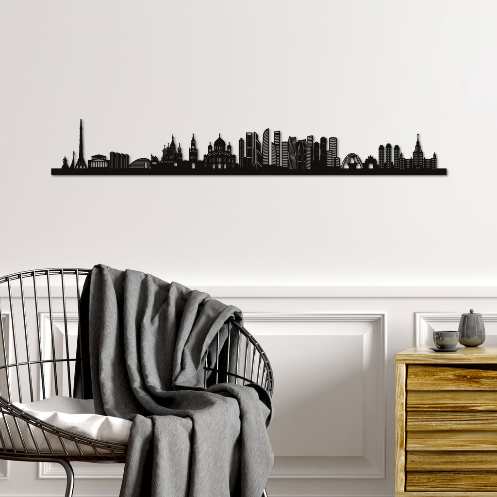 Moscow Skyline laser-cut in Matte Black reclycled acrylic on Seating Room's Wall