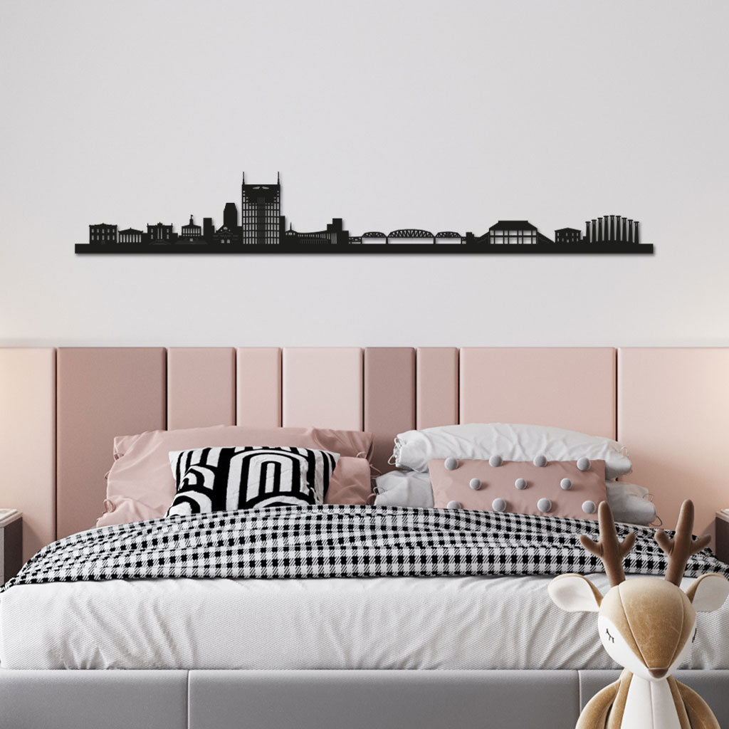 Nashville Skyline laser-cut in Matte Black reclycled acrylic on Seating Room's Wall