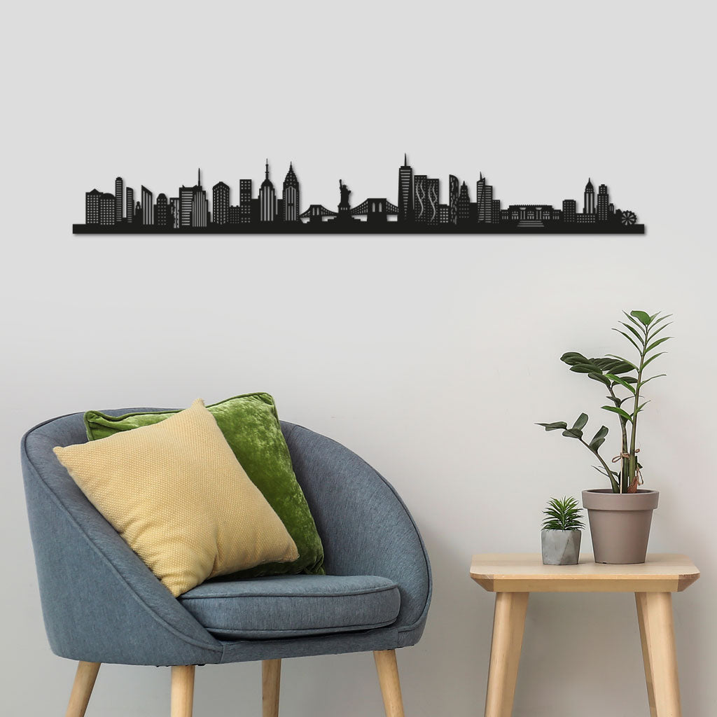New York Skyline laser-cut in Matte Black reclycled acrylic on Seating Room's Wall
