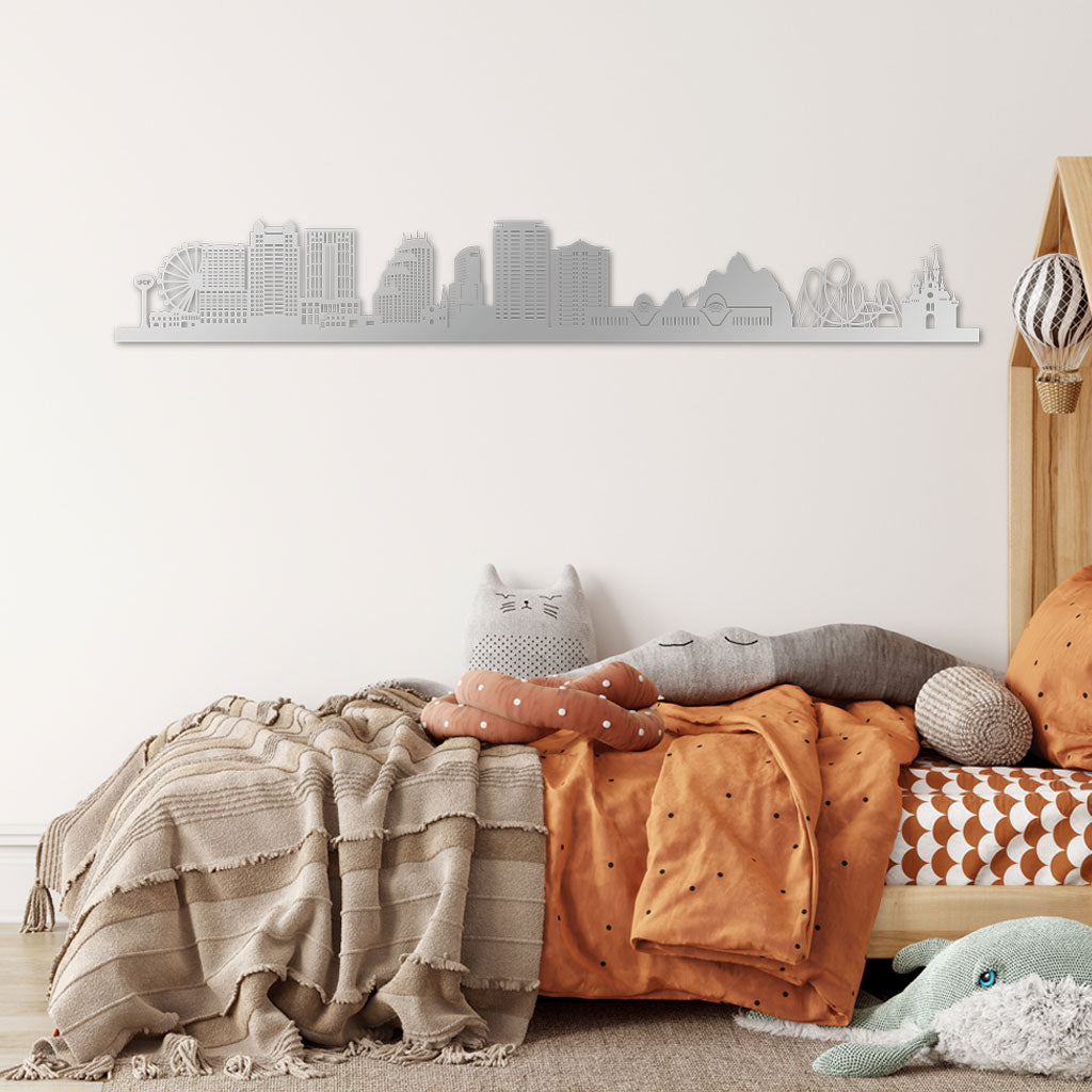 Orlando Skyline laser-cut in Silver reclycled acrylic on Seating Room's Wall